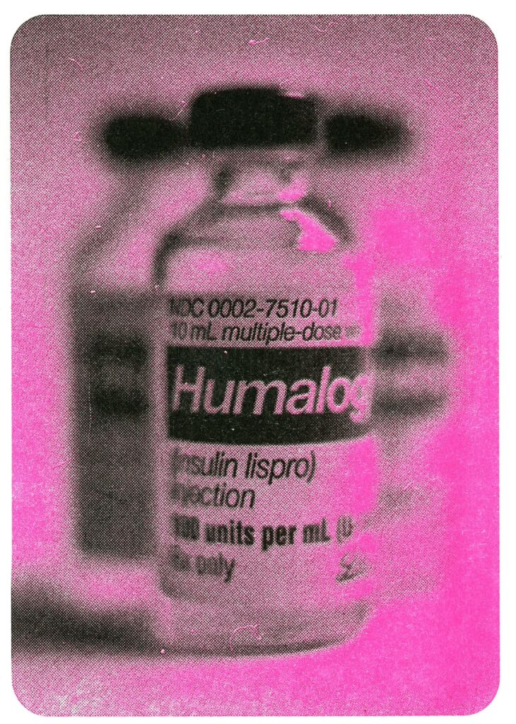 risograph print of three vials of insulin. the highlights are printed in florescent pink and the shadows are printed in black.
