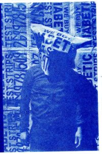 monochrome blue risograph print of a human with a plastic "we buy diabetic test strips" sign over their head, standing in front of a backdrop made of the same signs.