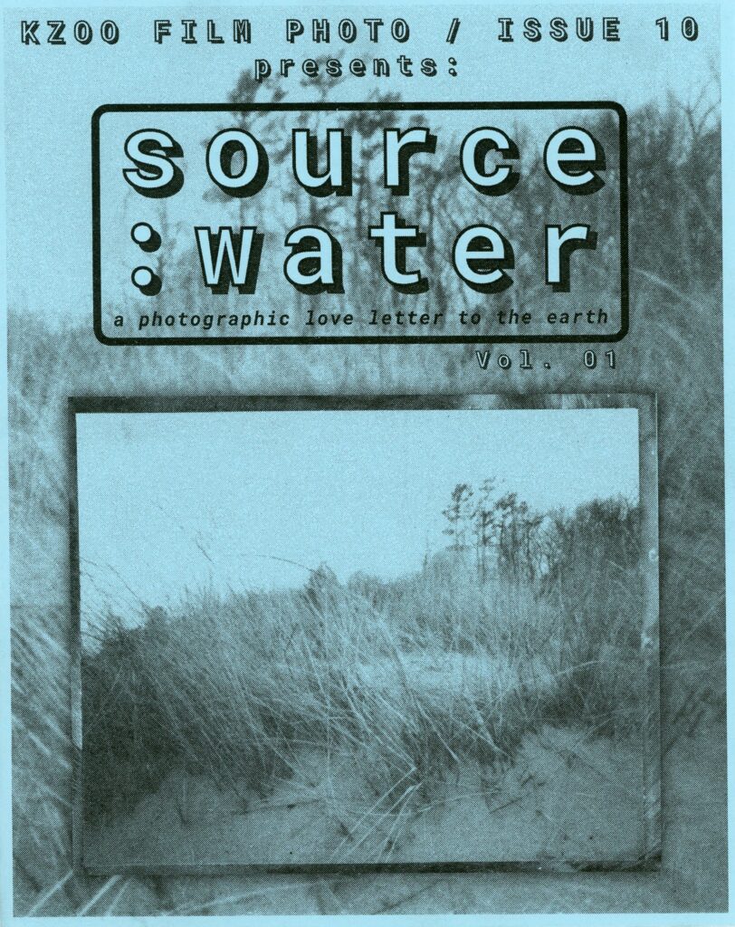 the blue cover of kzoo film photo issue 10 that reads "kzoo film photo / issue 10 presents: source:Water vol. 01. there is an image of dune grass on the cover below the text.
