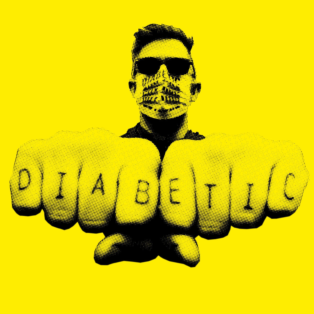 black on yellow monochrome image of a masked figure wearing sunglasses with fists extended toward the view. The figure is wearing sunglasses and has knuckle tattoos that read "DIABETIC"