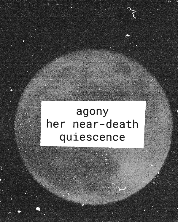 a grainy, blurry black and white photo of the moon with a haiku placed over the center of the moon taht reads "agony/ her near-death/ quiescence"